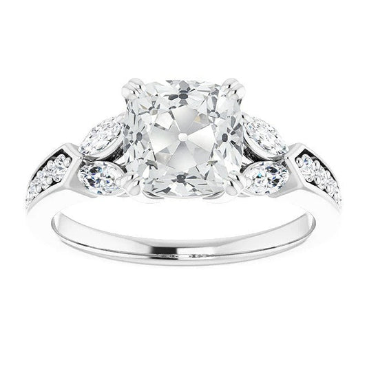 Marquise & Cushion Real Old Mine Cut Diamond Ring With Accents 9 Carats