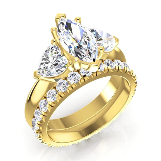 Marquise & Heart Real Diamond 3 Stone Ring & Gold Matching Band 3 Carats