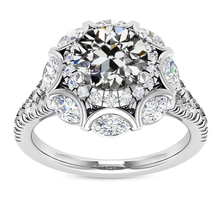 Marquise & Round Old Cut Natural Diamond Halo Engagement Ring 11 Carats