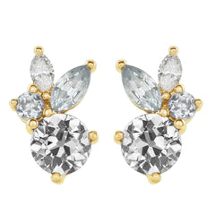 Marquise & Round Old Miner Real Diamond Studs 3 Stone 9 Carats Yellow Gold