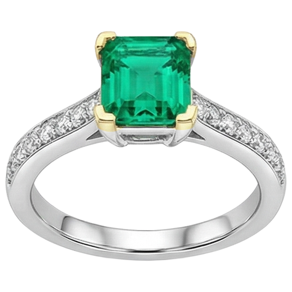 Step Cut Emerald ring in 14 Karat Two Tone Gold – angle view
