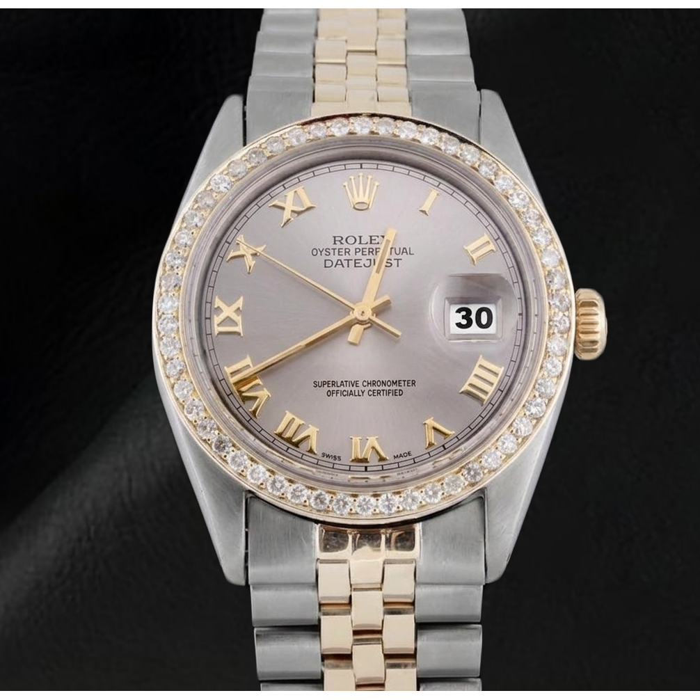 Men Gray Roman Dial Diamond Bezel Datejust Watch Two Tone Rolex QUICK SET