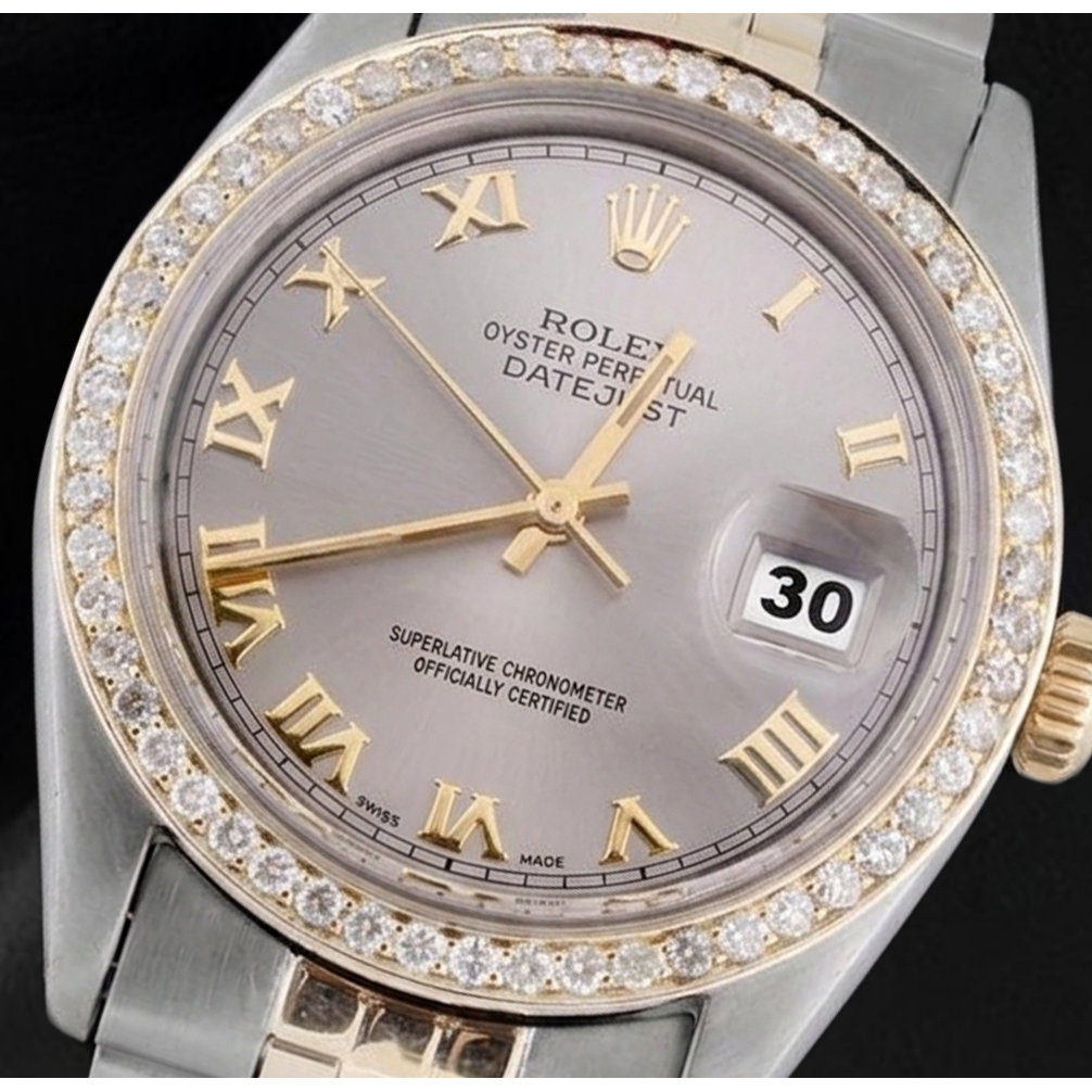 Men Gray Roman Dial Diamond Bezel Datejust Watch Two Tone Rolex QUICK SET