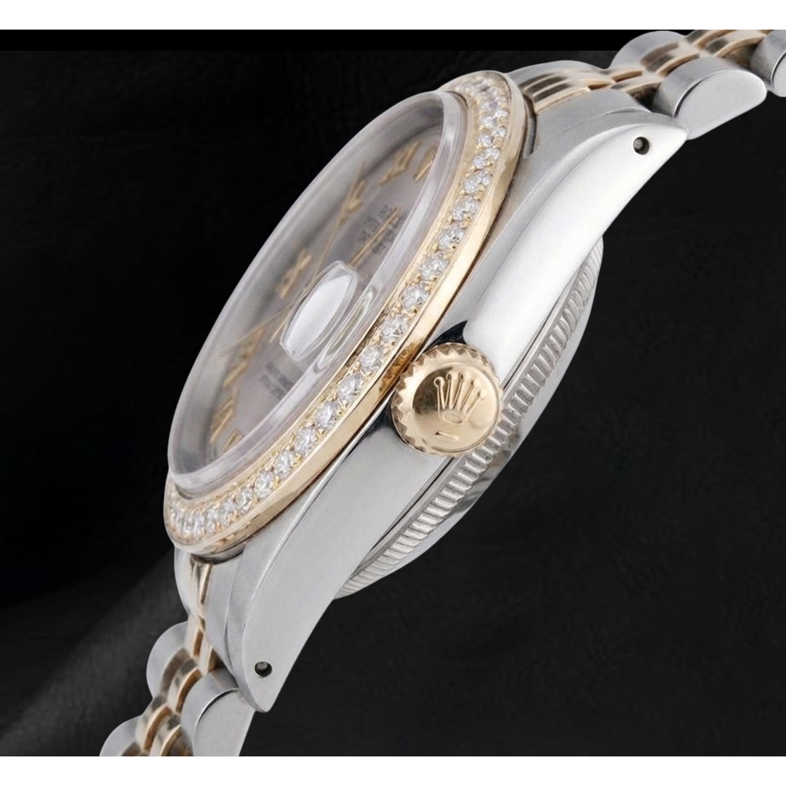 Men Gray Roman Dial Diamond Bezel Datejust Watch Two Tone Rolex QUICK SET