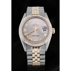 Men Gray Roman Dial Diamond Bezel Datejust Watch Two Tone Rolex QUICK SET