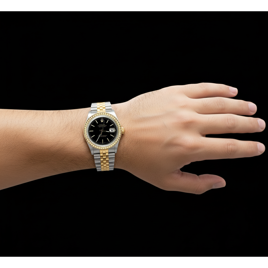 Men Rolex Datejust Watch Black Stick Dial Diamond Bezel Two Tone