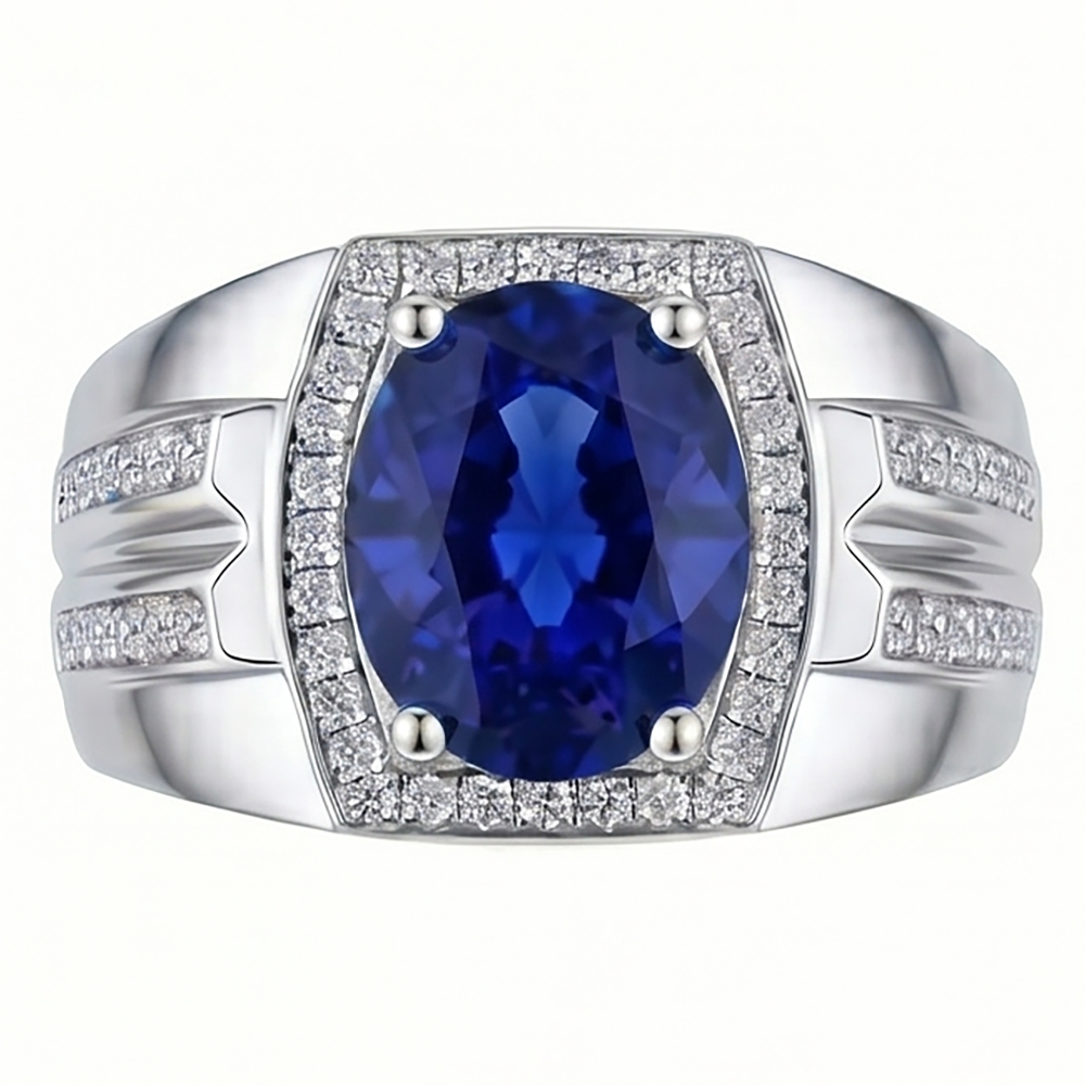 Men's Halo Ring 4 Carats Oval Natural Earth Mined Diamond ( Not Lab Grown ) & Blue Sapphire Jewelry 14K Gold