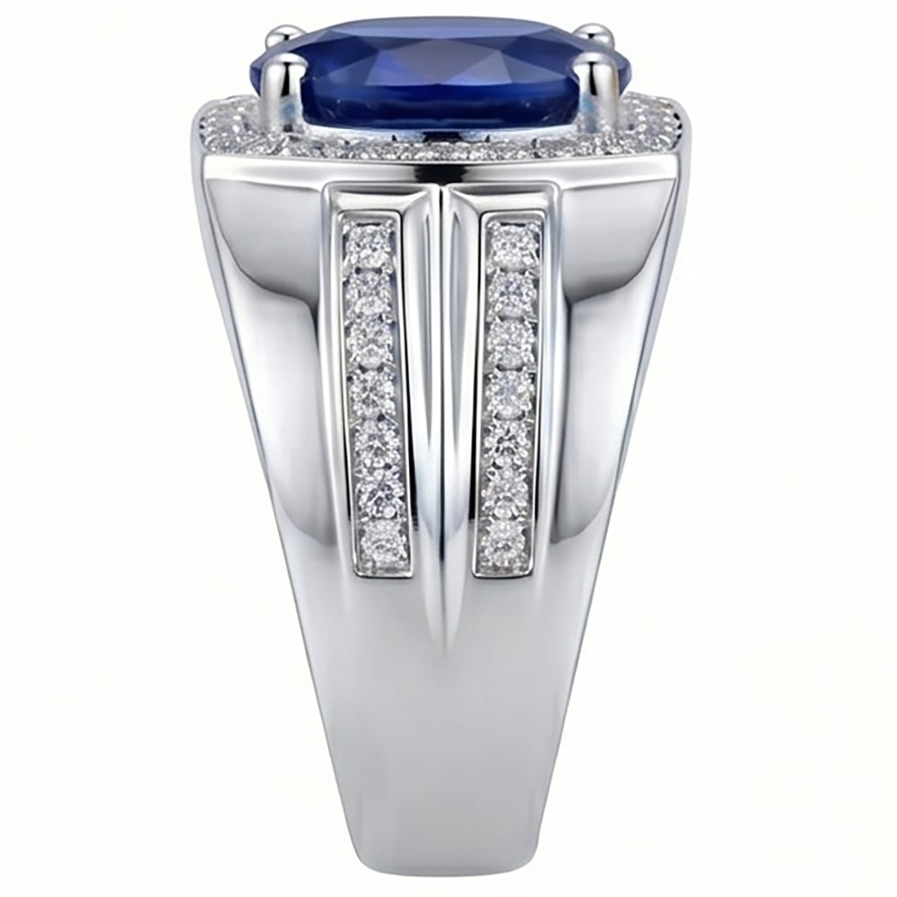 Men's Halo Ring 4 Carats Oval Natural Earth Mined Diamond ( Not Lab Grown ) & Blue Sapphire Jewelry 14K Gold