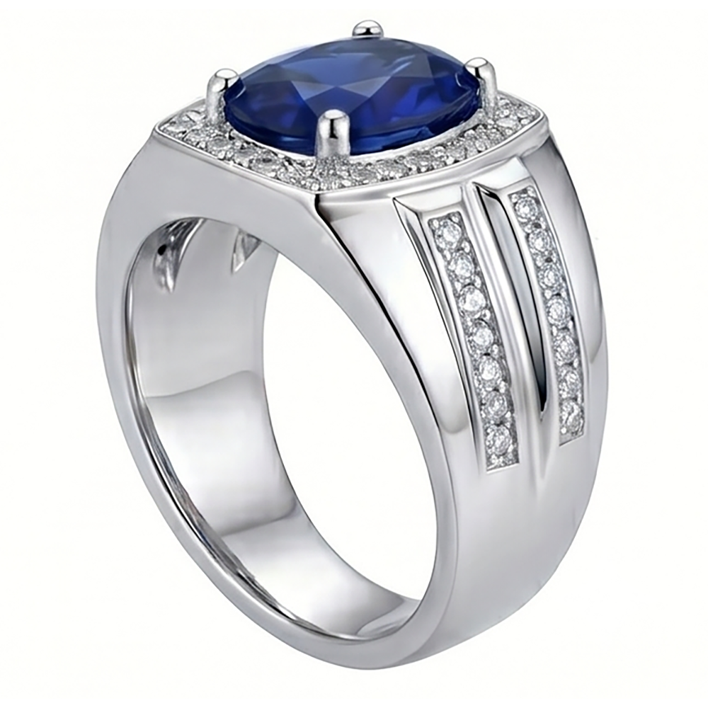 Men's Halo Ring 4 Carats Oval Natural Earth Mined Diamond ( Not Lab Grown ) & Blue Sapphire Jewelry 14K Gold