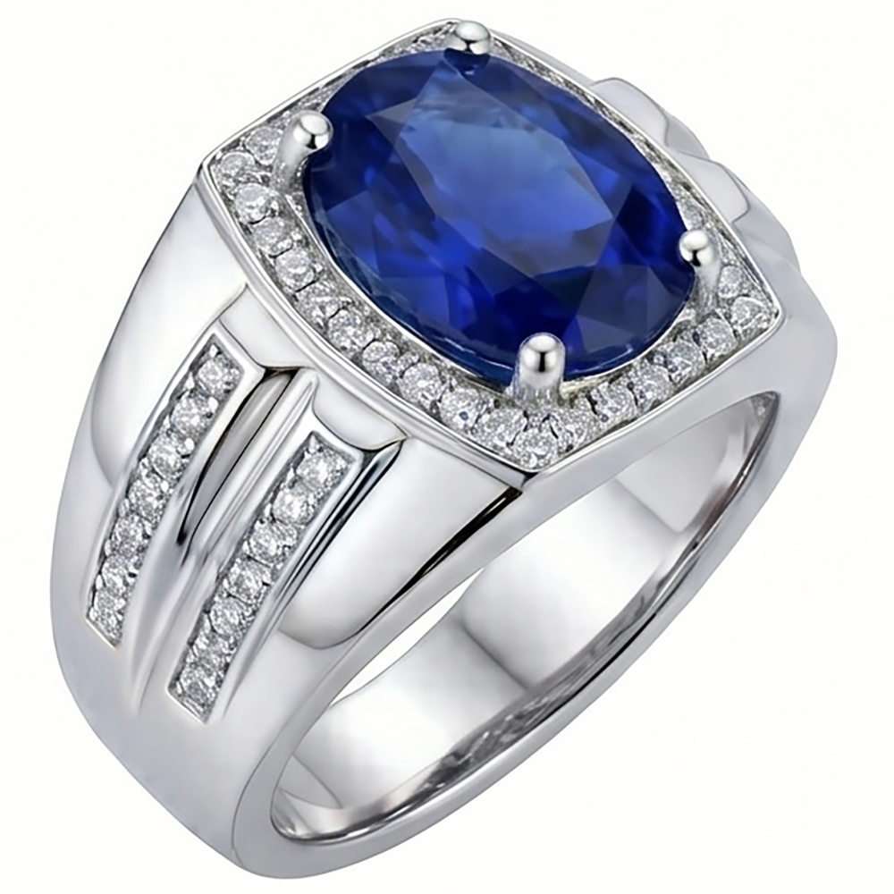 Men's Halo Ring 4 Carats Oval Natural Earth Mined Diamond ( Not Lab Grown ) & Blue Sapphire Jewelry 14K Gold