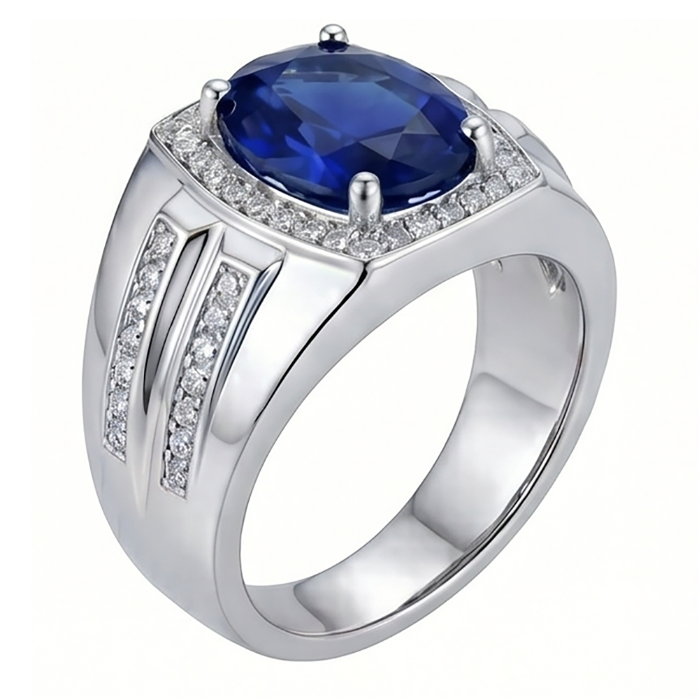 Men's Halo Ring 4 Carats Oval Natural Earth Mined Diamond ( Not Lab Grown ) & Blue Sapphire Jewelry 14K Gold