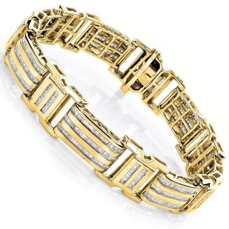Men's Bracelet 9.10 Carats Bezel Set Baguette Natural Diamond Yellow Gold 14K