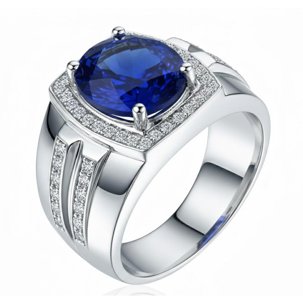 Men's Halo Ring 4 Carats Oval IGI CERTIFIED Diamond & Blue Sapphire Jewelry 14K Gold