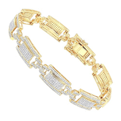 Men's Link Bracelet Round Cut Real 14 Carats Natural Earth Mined Diamonds Yellow Gold 14K