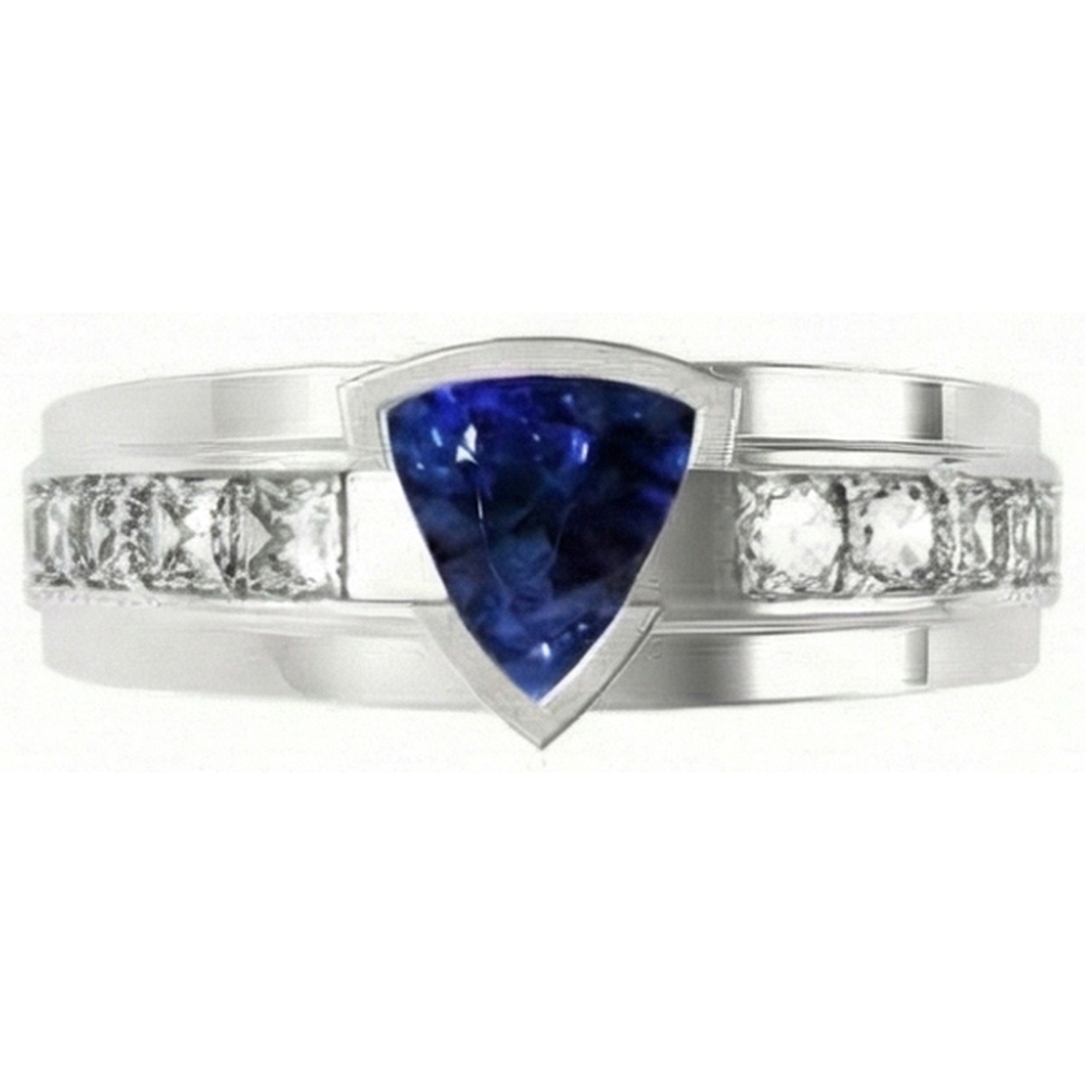 Mens Ring Channel Set Natural Earth Mined Diamond ( Not Lab Grown ) Trillion Half Bezel Blue Sapphire 3 Ct