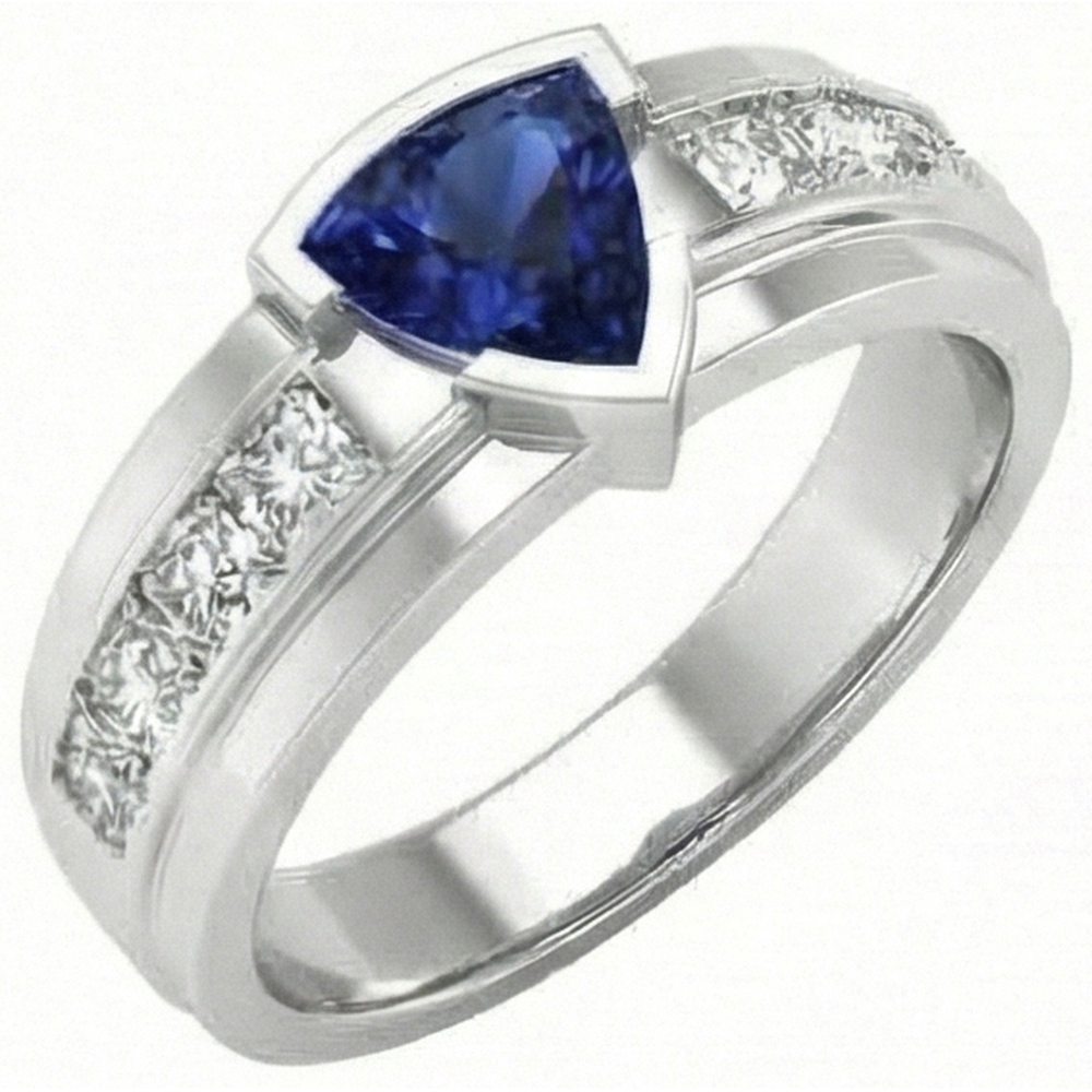 Mens Ring Channel Set Natural Earth Mined Diamond ( Not Lab Grown ) Trillion Half Bezel Blue Sapphire 3 Ct