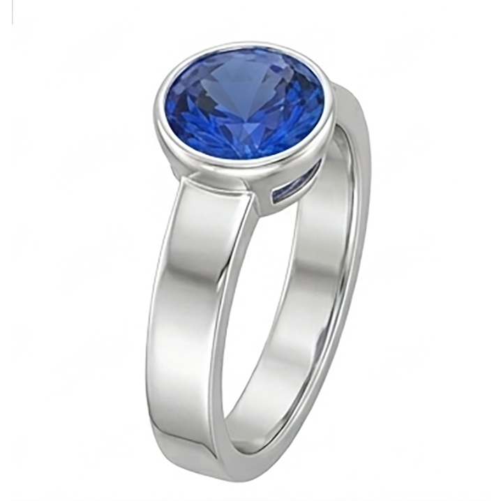 Mens Solitaire Ring Bezel Set Round Blue Sapphire 2 Carat Thick Shank