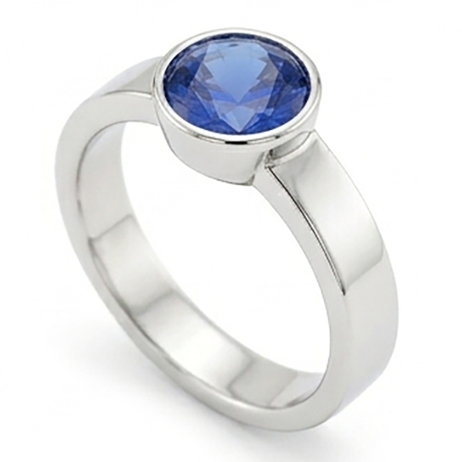 Mens Solitaire Ring Bezel Set Round Blue Sapphire 2 Carat Thick Shank