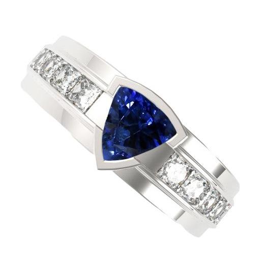 Mens Ring Channel Set Diamond Trillion Half Bezel Blue Sapphire 3 Ct