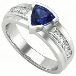 Mens Ring Channel Set Natural Earth Mined Diamond ( Not Lab Grown ) Trillion Half Bezel Blue Sapphire 3 Ct
