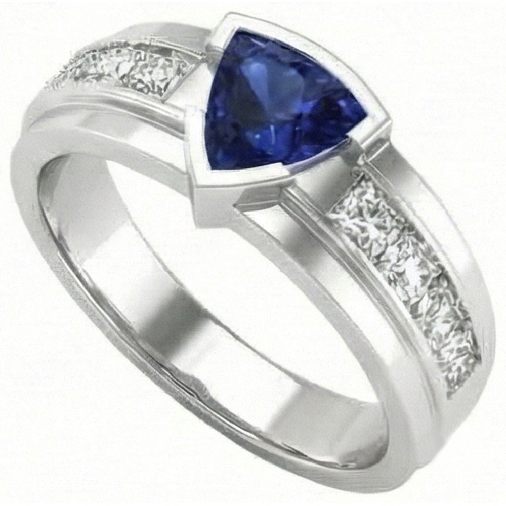Mens Ring Channel Set Natural Earth Mined Diamond ( Not Lab Grown ) Trillion Half Bezel Blue Sapphire 3 Ct