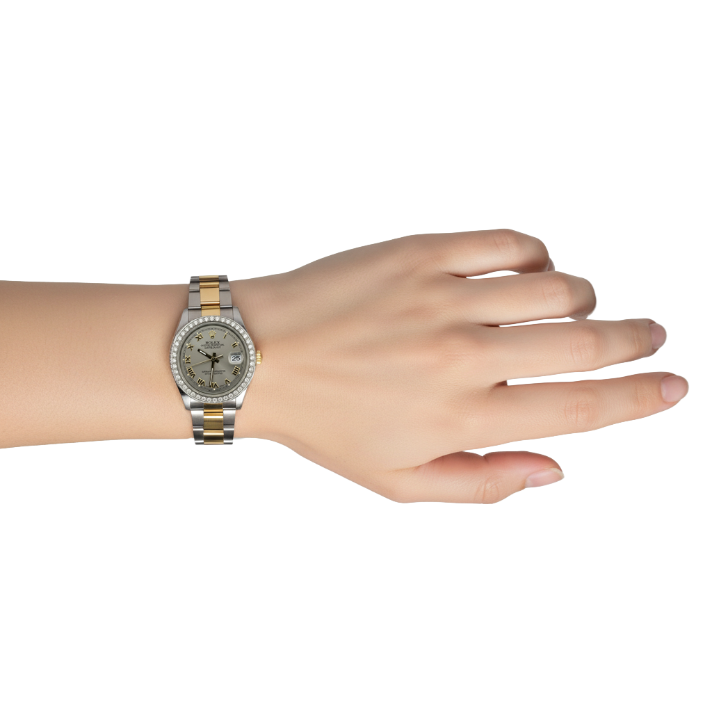 Midsize Rolex Brown  Oyster Bracelet Ss & Gold Gray Roman Dial Watch P2