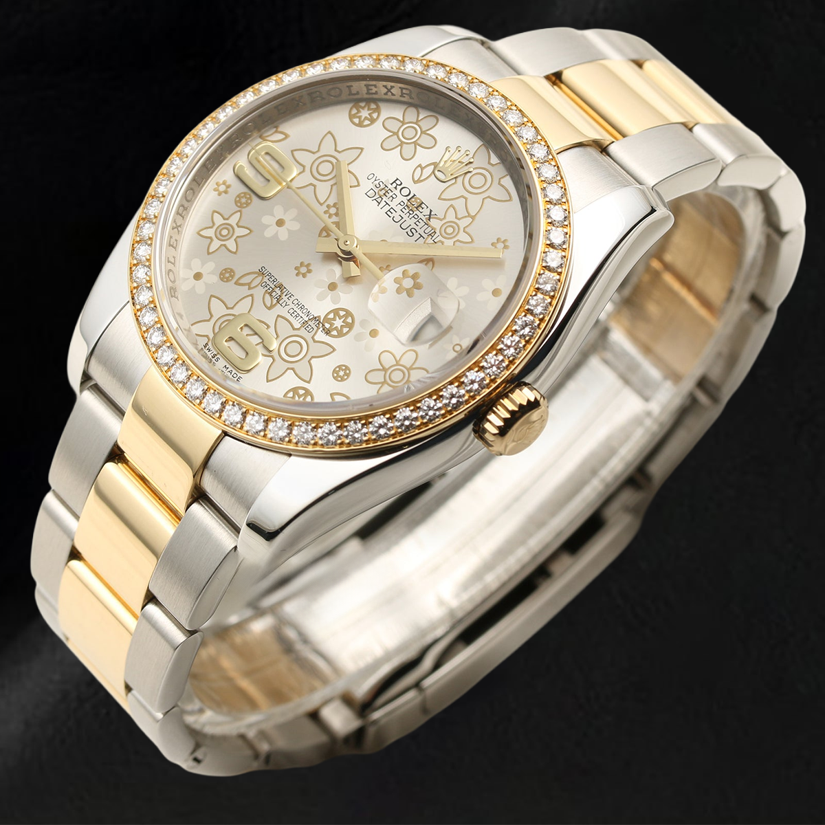 Midsize Rolex Diamond Bezel Watch Ladies Factory Bezel Flower Dial