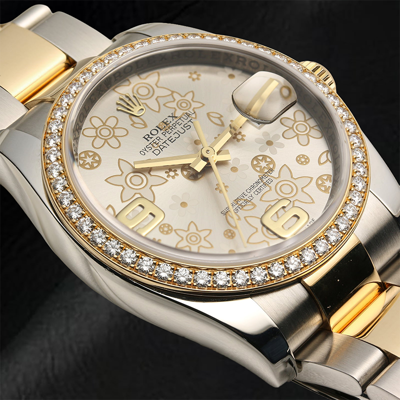 Midsize Rolex Diamond Bezel Watch Ladies Factory Bezel Flower Dial