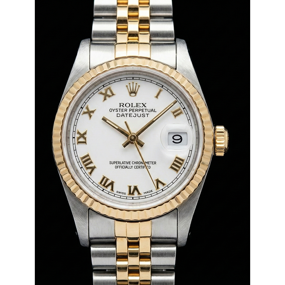 Midsize Rolex Ss 31 Mm Two Tone Bracelet Watch White Roman Dial