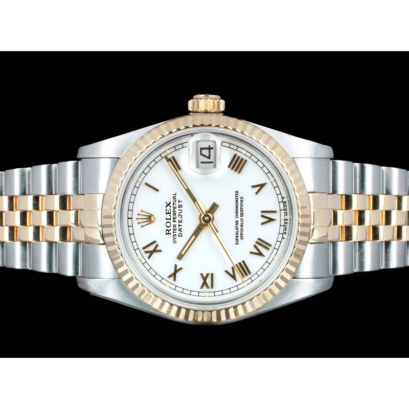 Midsize Rolex Ss 31 Mm Two Tone Bracelet Watch White Roman Dial