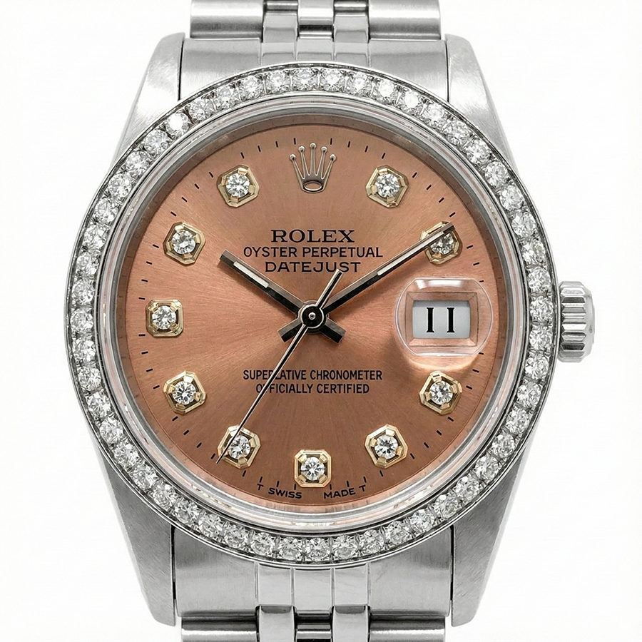 Midsize Rolex Ss Datejust Salmon Diamond Dial Bezel Watch