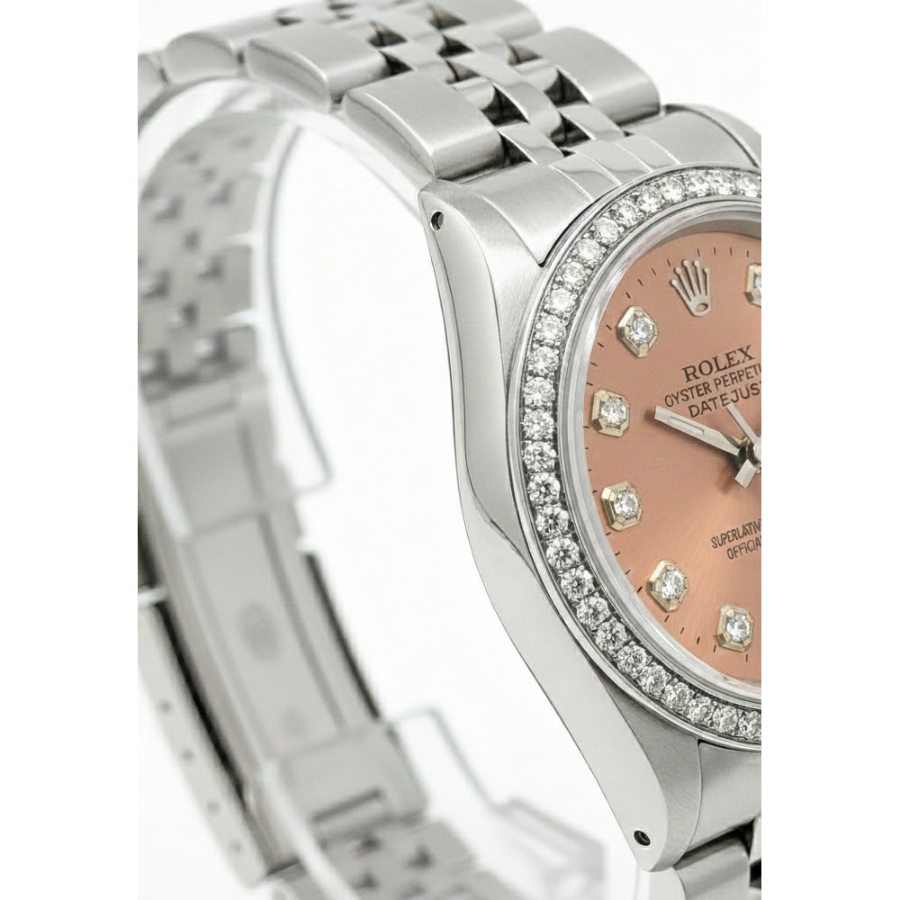 Midsize Rolex Ss Datejust Salmon Diamond Dial Bezel Watch