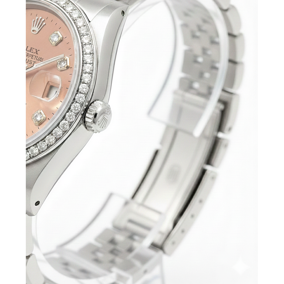 Midsize Rolex Ss Datejust Salmon Diamond Dial Bezel Watch