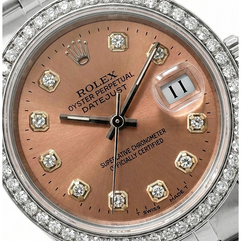 Midsize Rolex Ss Datejust Salmon Diamond Dial Bezel Watch