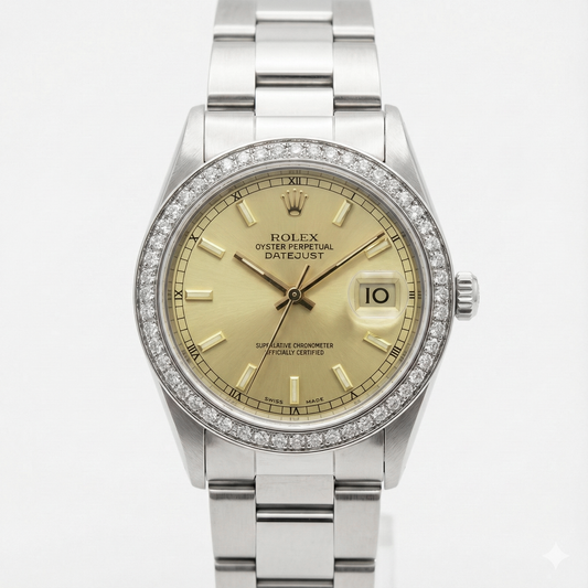 Midsize Rolex Stick Dial Ss Oyster Bracelet Diamond Bezel Watch