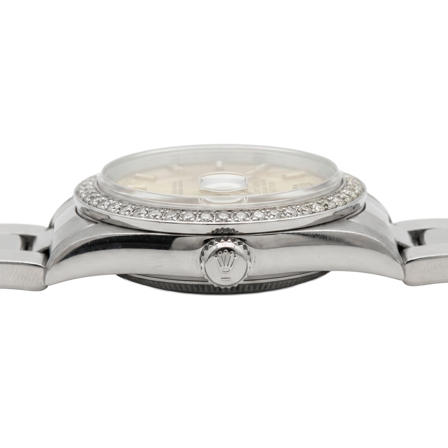 Midsize Rolex Stick Dial Ss Oyster Bracelet Diamond Bezel Watch