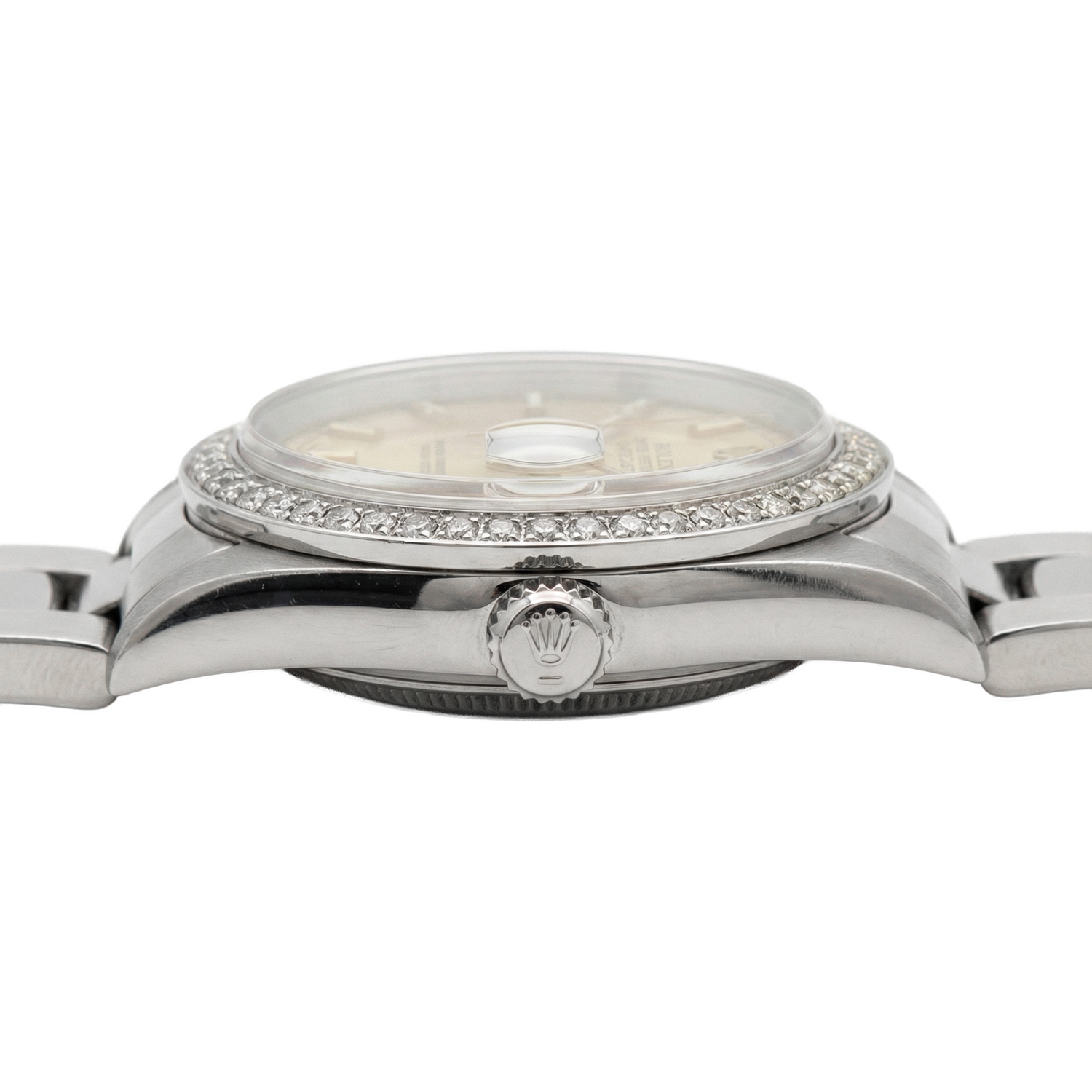 Midsize Rolex Stick Dial Ss Oyster Bracelet Diamond Bezel Watch