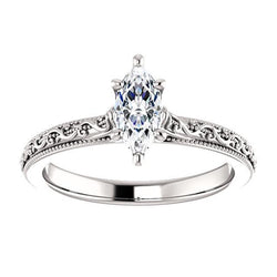 Miligrain Real Diamond Solitaire Ring Marquise 1.50 Carats White Gold 14K