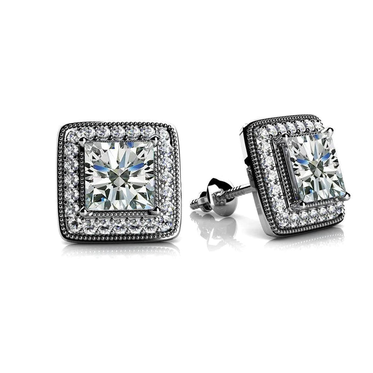 Milligrain Princess & Round Genuine Diamond Stud Earrings 4.90 Carats