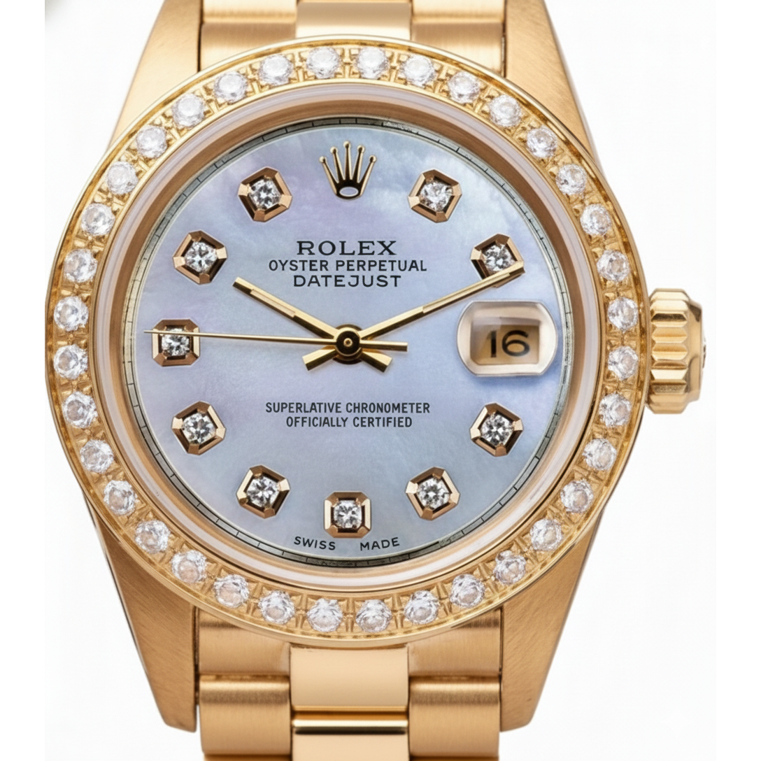 Mop Diamond Dial Rolex Presidential Style Bezel Watch Yellow Gold Woman