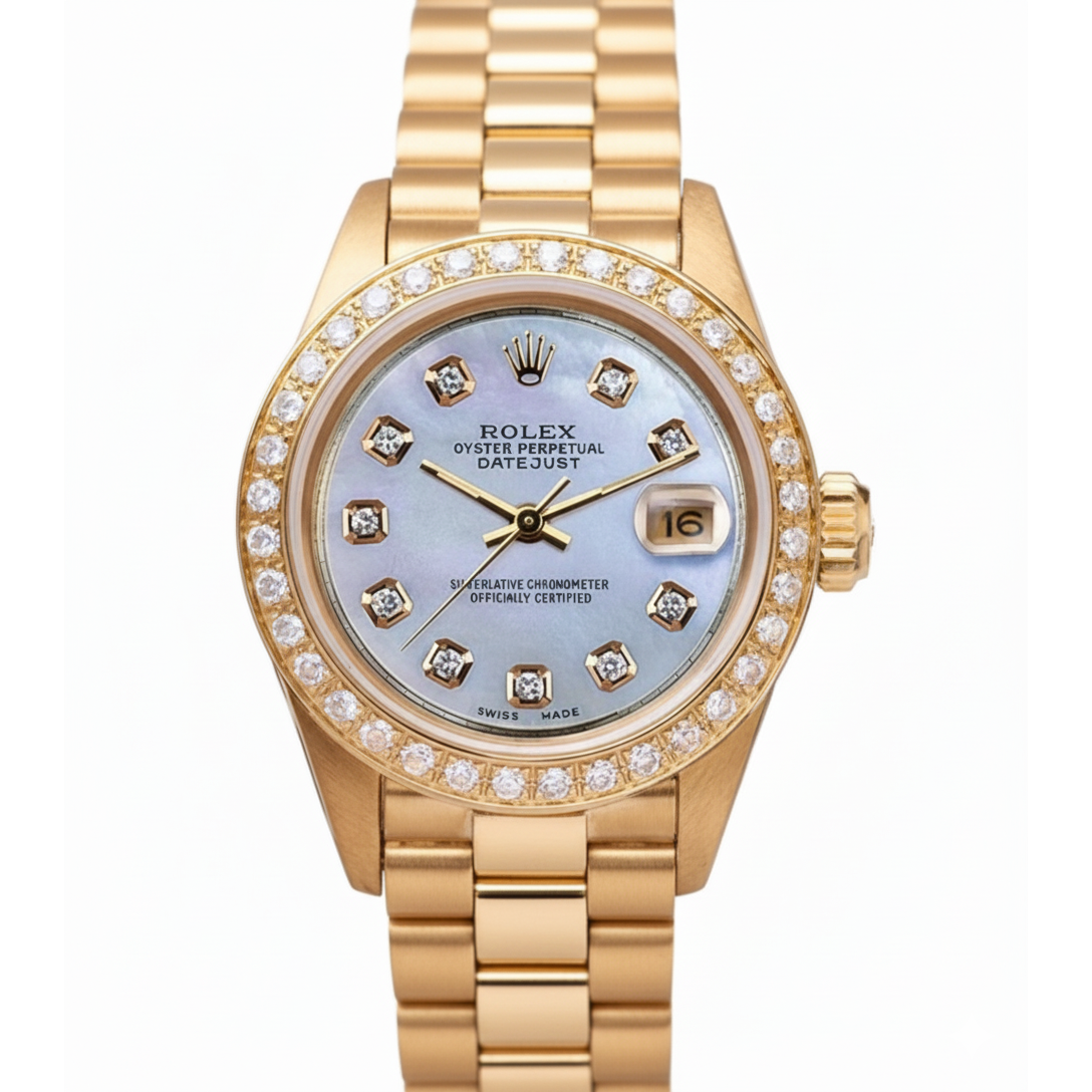 Mop Diamond Dial Rolex Presidential Style Bezel Watch Yellow Gold Woman