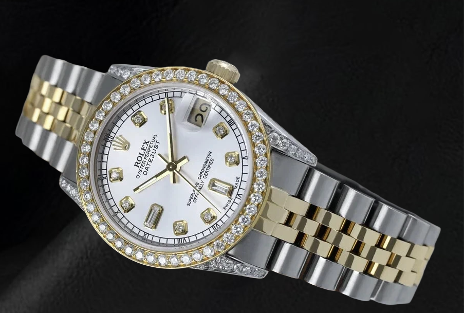 Mother Of Pearl Dial Rolex Dj Watch Custom Diamond Bezel Ss & Gold