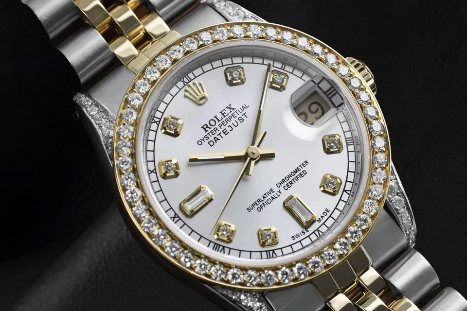 Mother Of Pearl Dial Rolex Dj Watch Custom Diamond Bezel Ss & Gold