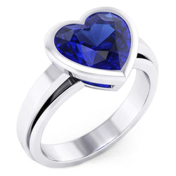 Natural 3 Carats Blue Sapphire Solitaire Ring Heart Shaped Bezel Set Gold 14K