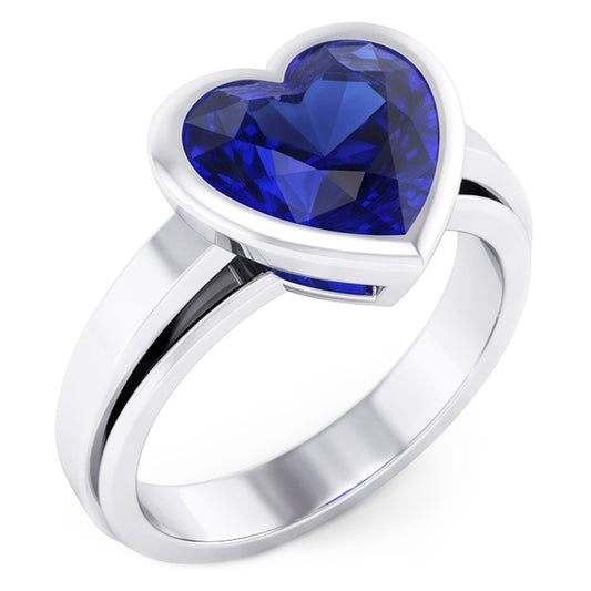 Natural 3 Carats Blue Sapphire Solitaire Ring Heart Shaped Bezel Set Gold 14K