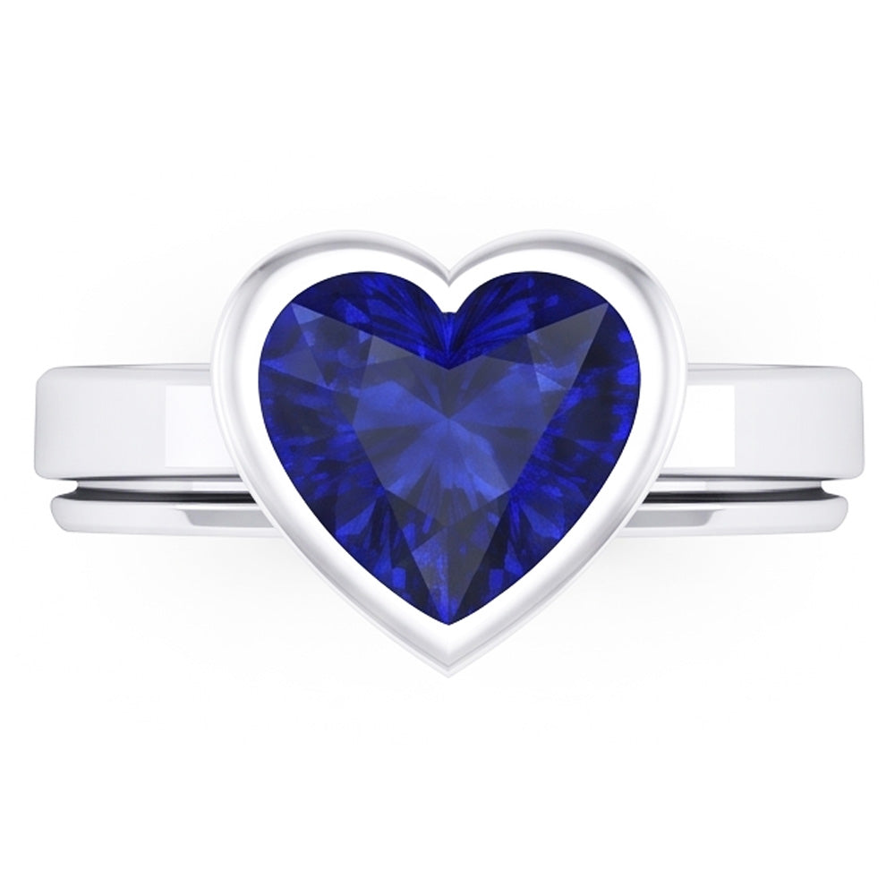 Natural 3 Carats Blue Sapphire Solitaire Ring Heart Shaped Bezel Set Gold 14K