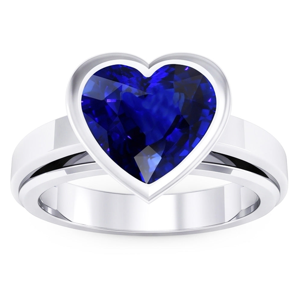 Natural 3 Carats Blue Sapphire Solitaire Ring Heart Shaped Bezel Set Gold 14K