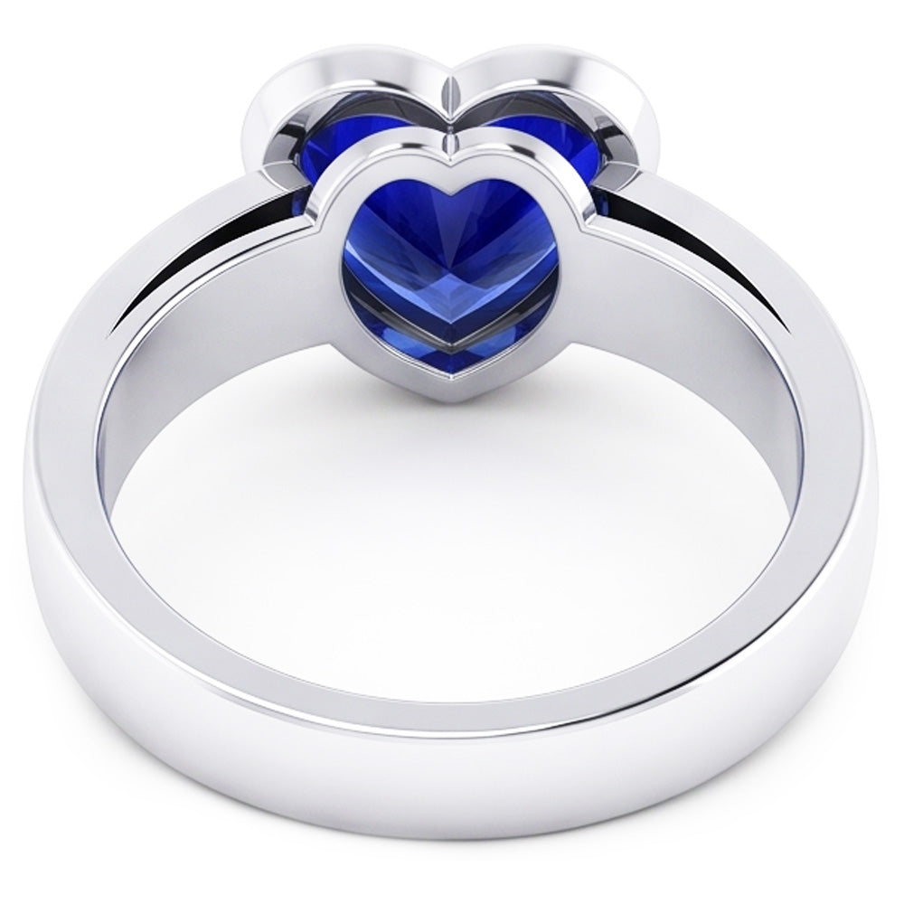 Natural 3 Carats Blue Sapphire Solitaire Ring Heart Shaped Bezel Set Gold 14K
