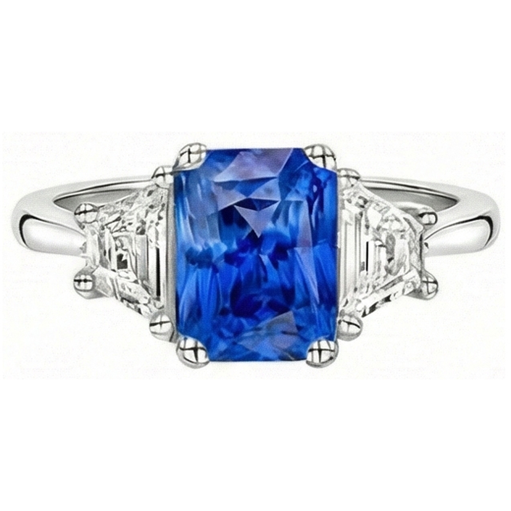 Natural Earth Mined Diamond ( Not Lab Grown ) 3 Stone Sapphire Ring Trapezoid Stones Tapered Shank 3 Carats
