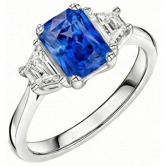 Natural Earth Mined Diamond ( Not Lab Grown ) 3 Stone Sapphire Ring Trapezoid Stones Tapered Shank 3 Carats